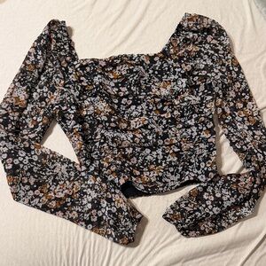 Lulu's Black and White Floral Long Sleeve Blouse